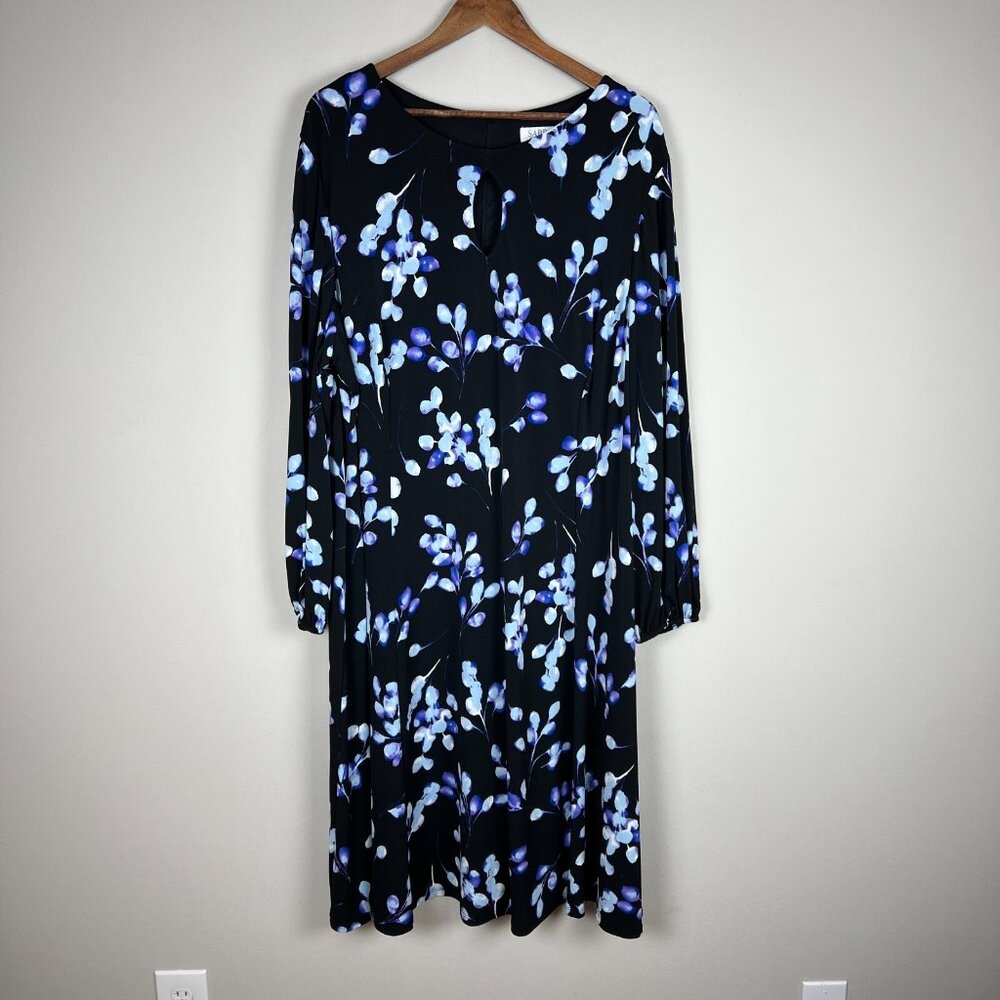 Sabrina Collective‎ Midi Dress 4X Black Purple Floral Sheath Keyhole Long Sleeve